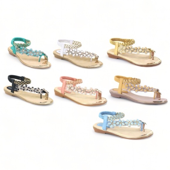 3 Left! Italina Peach Floral Gold Metallic Braided Rhinestone Low Heeled Sandal - Picture 7 of 7